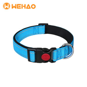 Adjustable blue padded reflective dog collar featuring a soft neoprene lining and a red safety locking buckle, branded with Wehao logo for B2B wholesale and OEM.