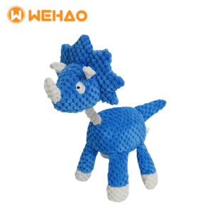 Blue textured pineapple fleece triceratops dog squeaky toy with white horns and Wehao logo, durable B2B pet supply for wholesale and OEM manufacturing.