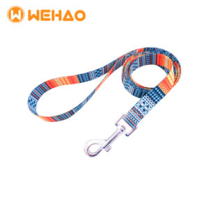 Vibrant Bohemian geometric pattern nylon dog leash with heavy-duty metal swivel snap hook, featuring the Wehao logo, ideal for B2B wholesale and OEM customization.