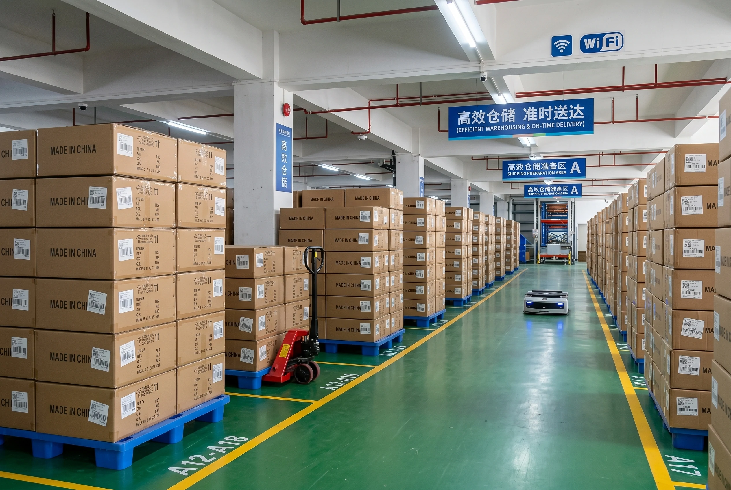 Neatly packed pallets of bulk custom pet plush toys in the WEHAO warehouse, ready for reliable global DDP and Amazon FBA fulfillment.