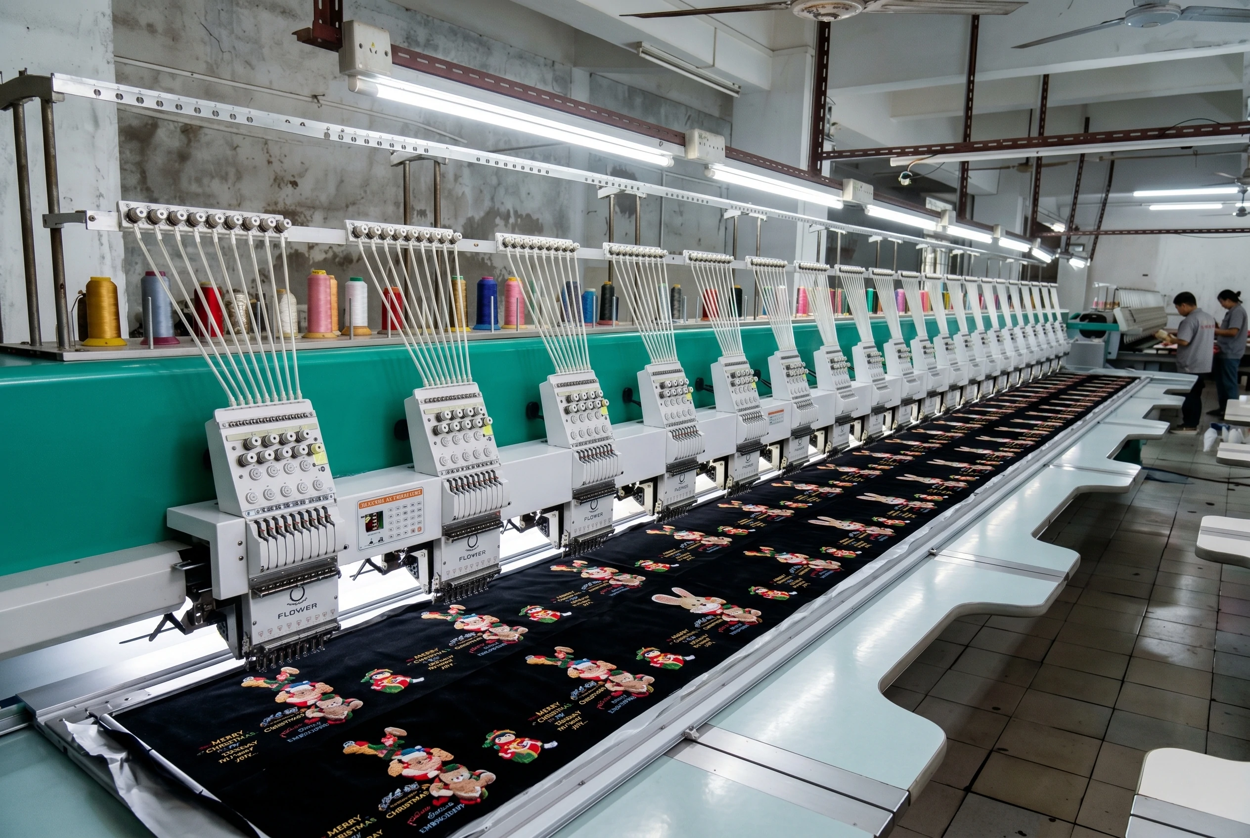 Advanced computerized embroidery machines creating intricate and chew-safe facial details for custom pet plushies.