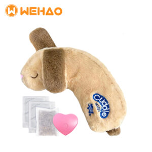 Multi-functional calming pet toy featuring a plush puppy with a heartbeat simulator, warmer pads, and "Cuddle" embroidery, branded with Wehao logo for B2B wholesale.