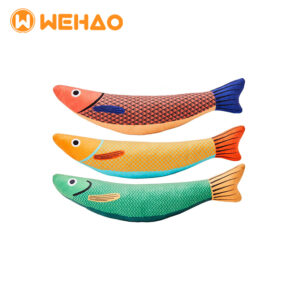 Three custom plush catnip fish toys in vibrant red, yellow, and green colors, manufactured by Wehao for bulk wholesale.