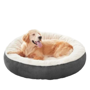 Premium round donut calming dog bed featuring dark grey ribbed corduroy exterior and off-white plush faux fur interior, designed for anxiety relief and orthopedic support, branded for Wehao Pets B2B supply.