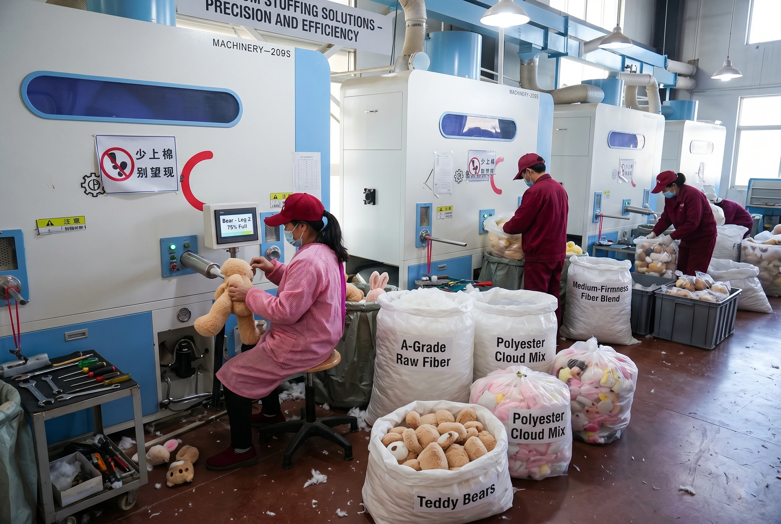 High-precision stuffing process using 100% eco-friendly and resilient materials for premium custom pet toys and beds.