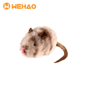 Small fuzzy faux fur mouse cat toy with a long brown tail and pink nose, branded with Wehao logo for B2B wholesale and custom OEM orders.