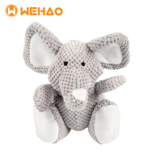 Grey textured corn kernel plush elephant dog toy with large ears and white accents, featuring the Wehao logo, suitable for B2B wholesale and OEM customization.