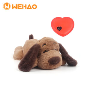 Sleeping brown puppy plush toy with a red electronic heartbeat simulator device for pet anxiety relief and behavioral training, featuring Wehao logo.
