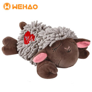 Brown and grey soothing sheep pet toy with heartbeat embroidery and microwaveable heating function for anxiety relief, featuring Wehao logo for B2B wholesale.