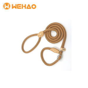 Tan-colored mountain climbing rope dog slip lead leash with genuine leather connectors and metal stopper rings, branded with Wehao logo for B2B wholesale.