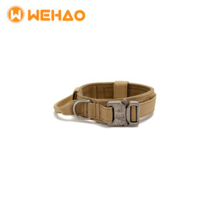Tactical dog collar in coyote tan featuring a heavy-duty metal quick-release buckle and an integrated control handle, branded with Wehao logo for B2B supply.