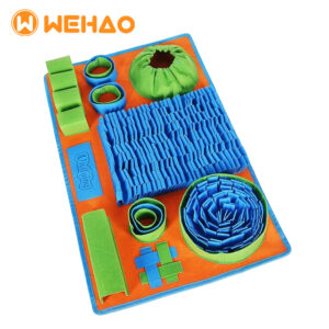 Multi-colored (blue, green, orange) interactive dog snuffle mat with various hidden food compartments for mental stimulation and slow feeding, branded with Wehao logo.