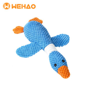 Blue pineapple fleece textured duck dog squeaky toy with orange webbed feet and Wehao logo, durable B2B pet supply for wholesale and OEM.
