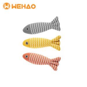 Three chevron-patterned plush fish catnip toys in grey, yellow, and orange with Wehao logo, ready for wholesale and OEM manufacturing.