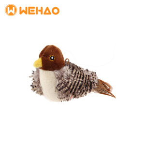 Realistic sparrow-style plush bird cat toy with natural feathers and hanging loop, branded with Wehao logo for B2B wholesale and OEM supply.