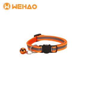 High-visibility orange reflective cat collar featuring a safety breakaway buckle and metal bell, branded with Wehao logo for B2B wholesale.
