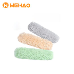 Three shaggy long-pile plush catnip kicker toys for cats in pastel grey, peach, and mint green with Wehao logo, ideal for bulk B2B orders.