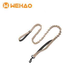 Beige shock-absorbing bungee dog leash with dual padded handles and heavy-duty metal clip, featuring the Wehao logo for B2B wholesale and OEM.