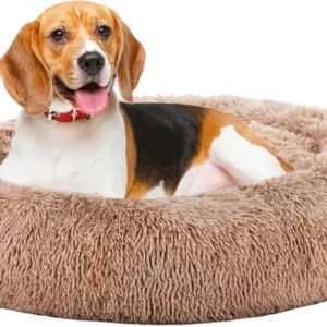 Ultra-soft taupe shag faux fur donut calming pet bed with raised rim for orthopedic support and anxiety relief, available for B2B wholesale and OEM orders at Wehao Pets.