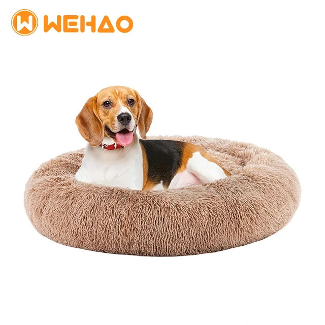 Ultra-soft taupe shag faux fur donut calming pet bed with raised rim for orthopedic support and anxiety relief, available for B2B wholesale and OEM orders at Wehao Pets.