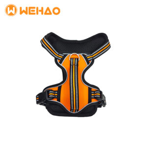 Professional high-visibility orange dog harness with triple reflective strips and breathable air mesh padding, featuring heavy-duty stainless steel D-ring, branded for Wehao Pets B2B wholesale.