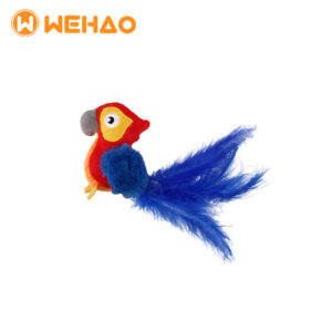 Red and blue parrot-shaped plush cat toy with fuzzy wings and a long blue feather tail, featuring the Wehao logo, suitable for B2B wholesale and OEM customization.
