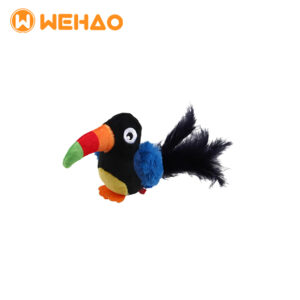 Colorful toucan-shaped plush cat toy with a multi-colored beak and black feather tail, featuring Wehao logo for B2B wholesale and custom OEM supply.