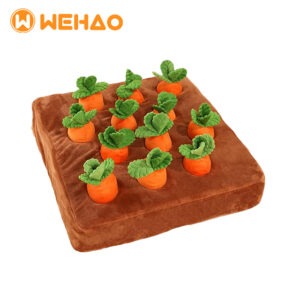 Interactive plush carrot patch dog snuffle toy with 12 removable carrots for scent training and slow feeding, featuring Wehao logo for B2B wholesale.