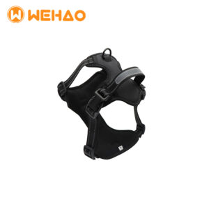 Black no-pull breathable mesh dog harness featuring high-visibility reflective strips and reinforced back D-ring, branded with Wehao logo for B2B wholesale supply.