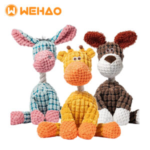 Three textured corn kernel plush dog toys with reinforced rope necks (Donkey, Giraffe, Dog) featuring Wehao logo, durable B2B pet supplies for wholesale and OEM manufacturing.