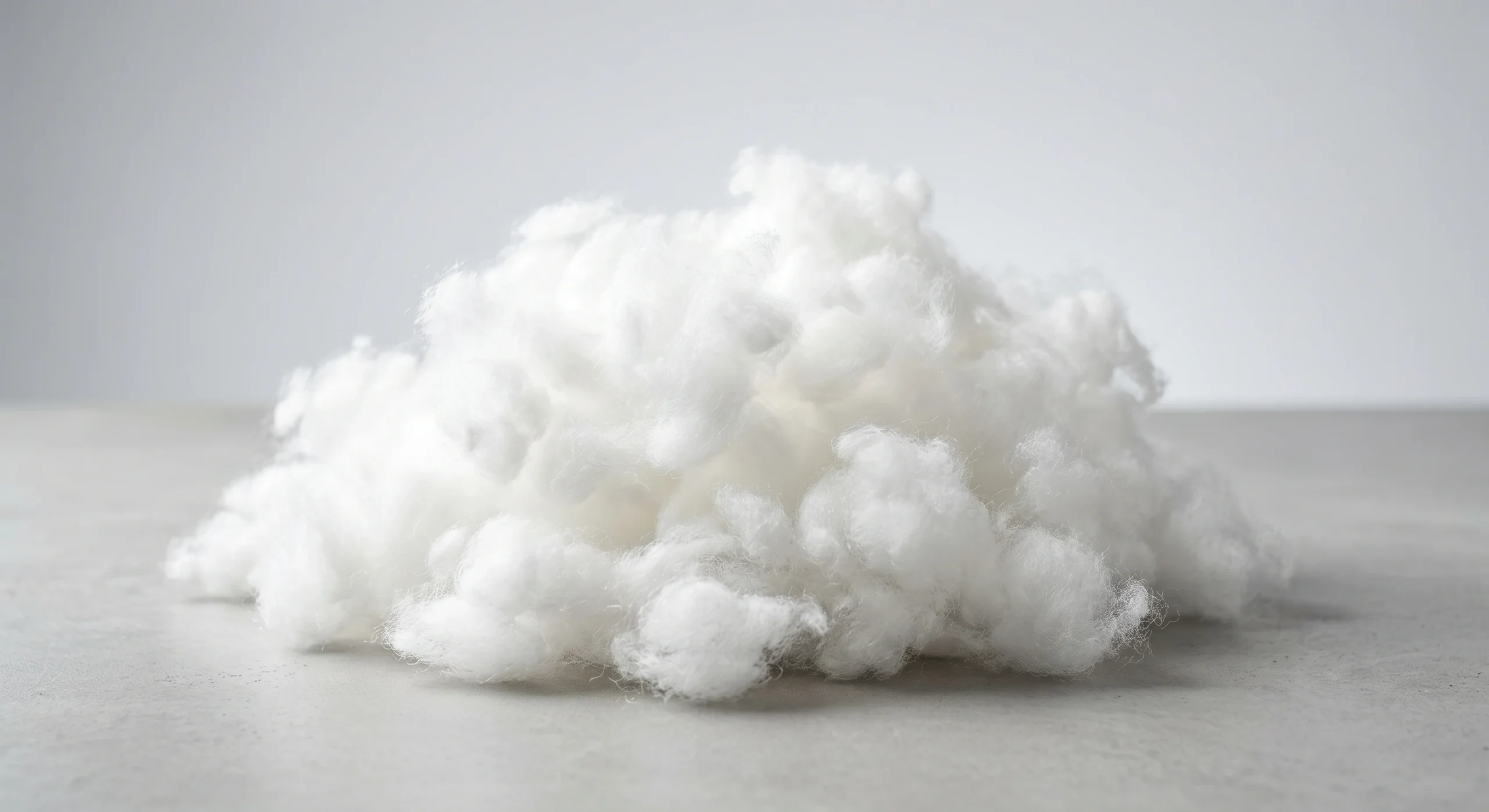 A close-up view of loose, fluffy, bright white eco-friendly PP (polypropylene) cotton stuffing fibers used as resilient filling for pet toys and beds.