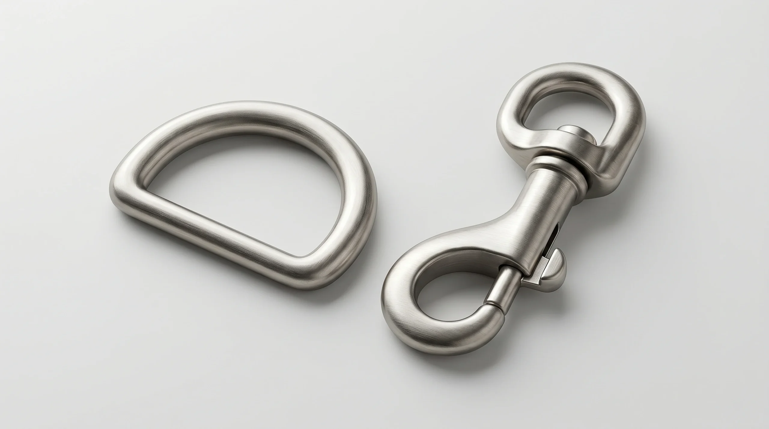 A professional photograph showing a durable, rust-proof zinc alloy D-ring and swivel snap hook, hardware designed for strong and safe pet harnesses and leashes.