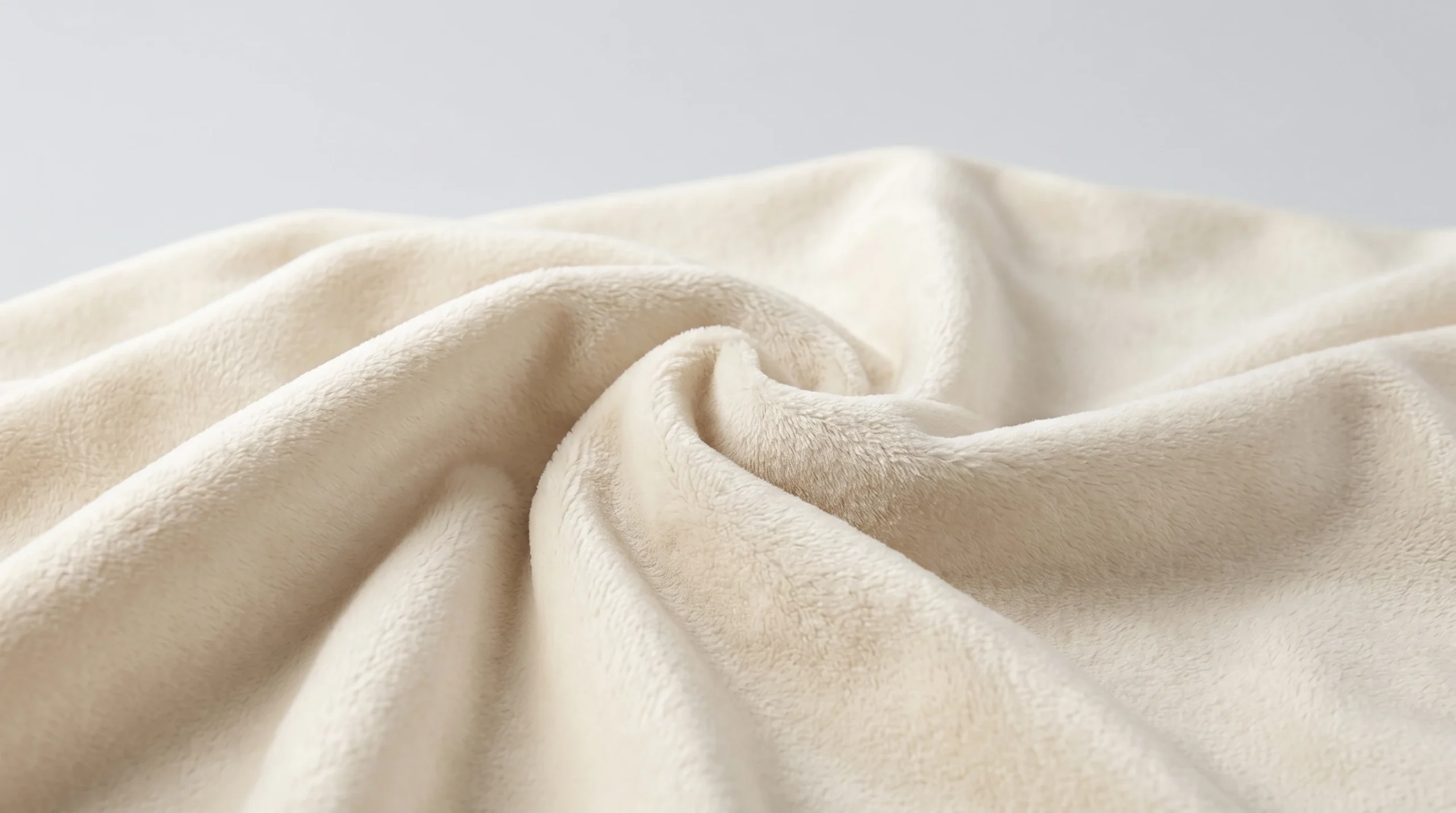 A close-up photograph capturing the velvety pile and soft, cozy texture of cream-colored Minky fabric used for premium plush pet beds and toys.