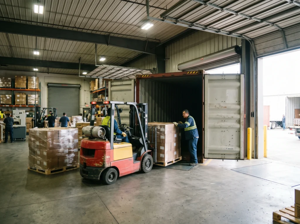 Factory workers loading stretch-wrapped pallets of wholesale plush dog toys into a 40HQ container for international pet toy logistics.