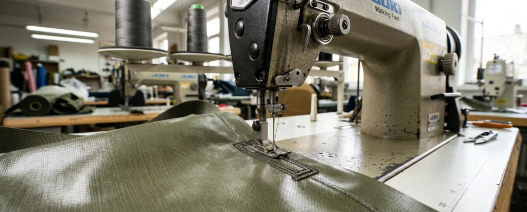Heavy-duty walking foot sewing machine executing a double-needle bartack on coated polyester material.