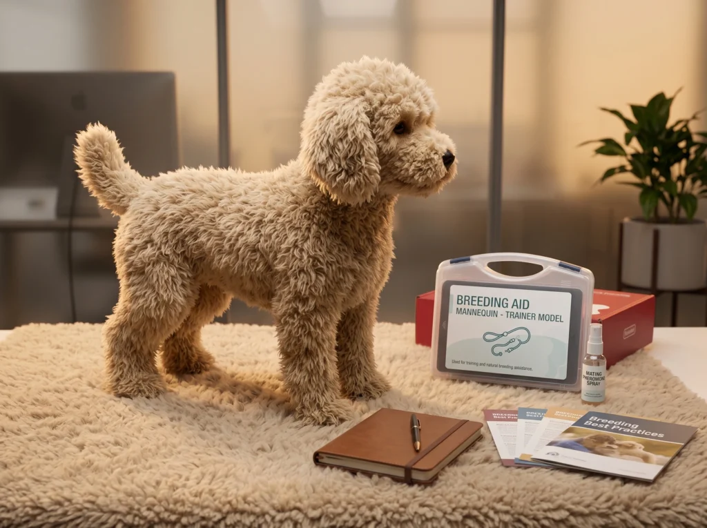 Professional dog breeding aid mannequin and trainer model kit on a clinical evaluation table, featuring a hypoallergenic exterior shell, mating pheromone spray, and best practices manuals for commercial breeders and veterinary applications.