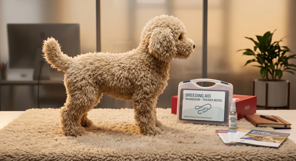 Professional dog breeding aid mannequin and trainer model kit on a clinical evaluation table, featuring a hypoallergenic exterior shell, mating pheromone spray, and best practices manuals for commercial breeders and veterinary applications.