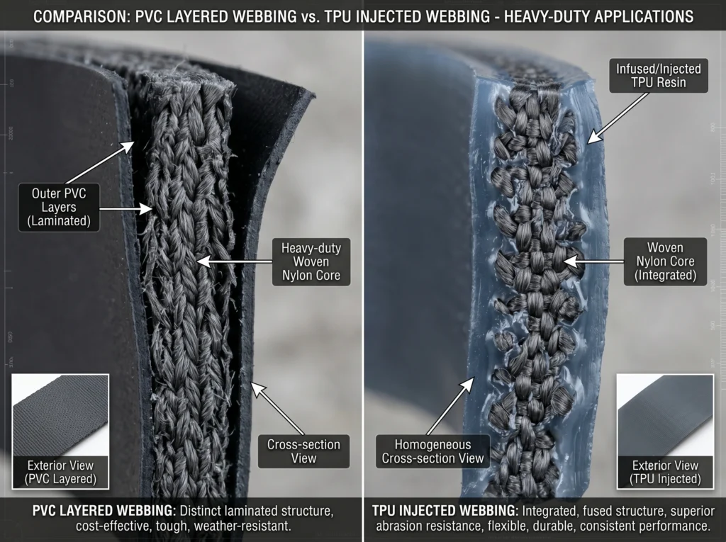 Side-by-side material cross-section of PVC layered webbing and TPU injected webbing used in heavy-duty manufacturing.