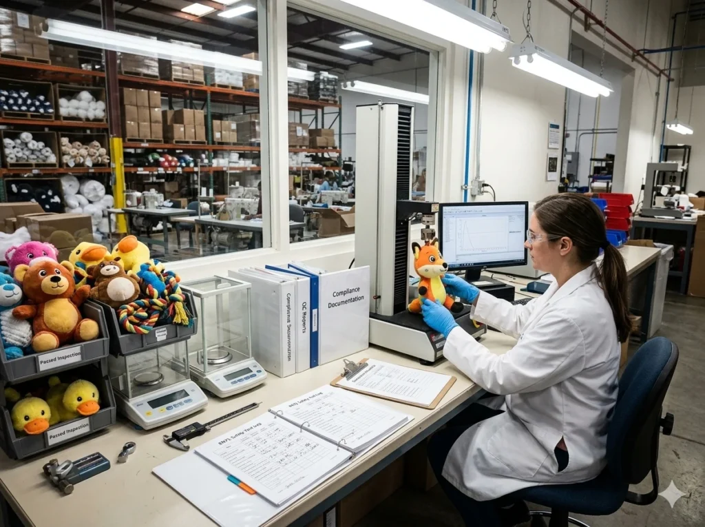 Comprehensive lab testing environment displaying compliance documentation alongside wholesale plush dog toys.