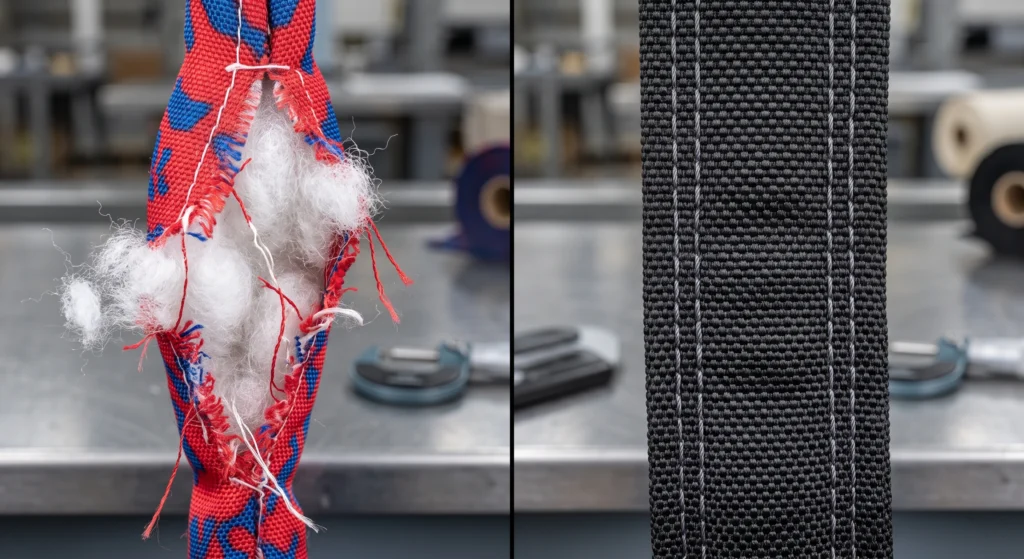 Side-by-side comparison of a failed single-stitch seam and Wehao Pets reinforced double-stitch seam.