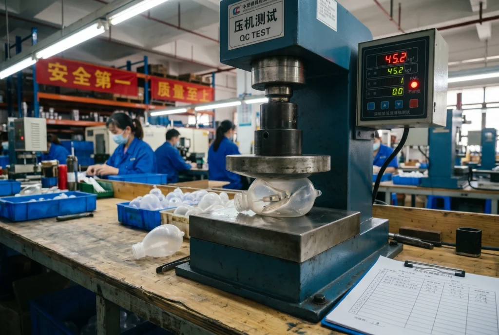 Mechanical press applying severe compression to a polymer squeaker component.