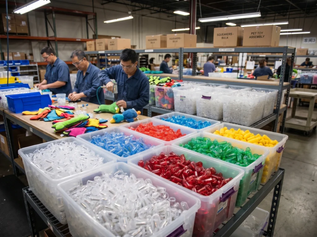 Bulk bins of transparent and colored pet toy squeakers ready for assembly.