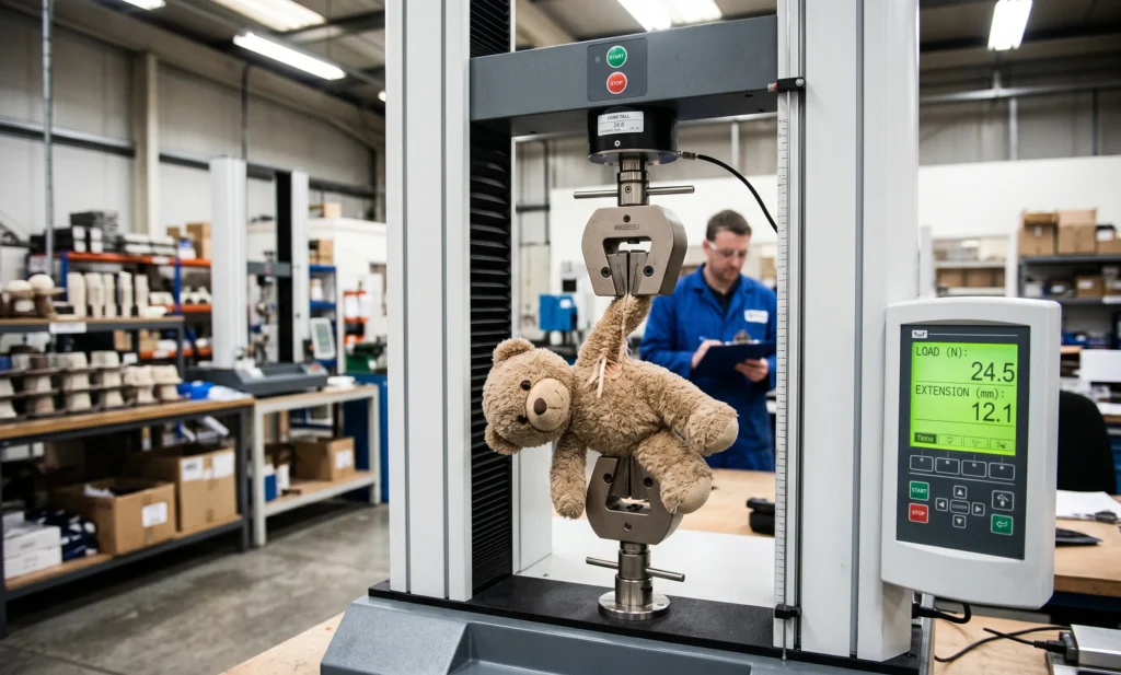 Destructive tensile testing machine applying heavy pull force to a plush toy seam to test structural integrity.