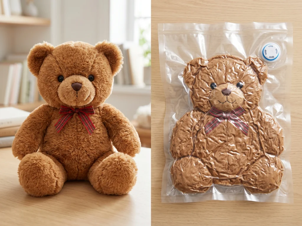 Side-by-side dimensional comparison of a standard wholesale plush dog toy and a vacuum-compressed unit produced by our plush dog toy manufacturer team.