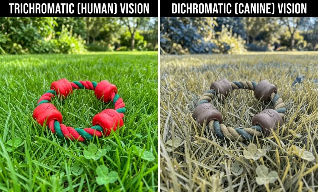 Split-screen visual data comparing human perception of red and green dog toys against canine dichromatic vision, which processes the same toys as low-contrast greys and yellows.