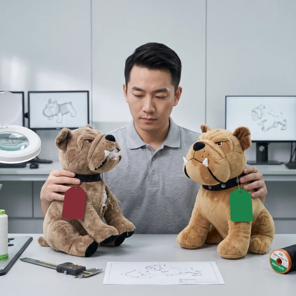 A square photograph of a focused engineer in a simplified lab, seated at a workbench and comparing a standard plush dog toy with a visibly torn seam (tagged with a blank red status tag) against a reinforced, intact version (tagged with a blank green status tag), illustrating durable seam construction.