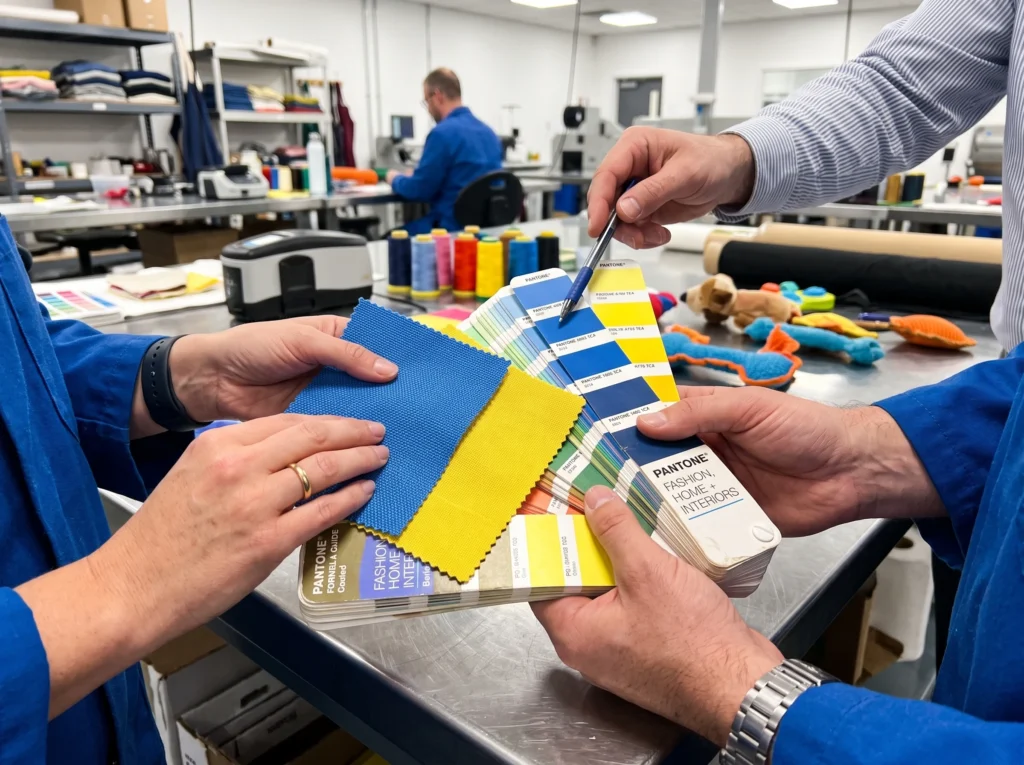 R&D technicians at a custom dog toy manufacturer comparing high-visibility blue and yellow fabric swatches against a standard Pantone guide for OEM production accuracy.