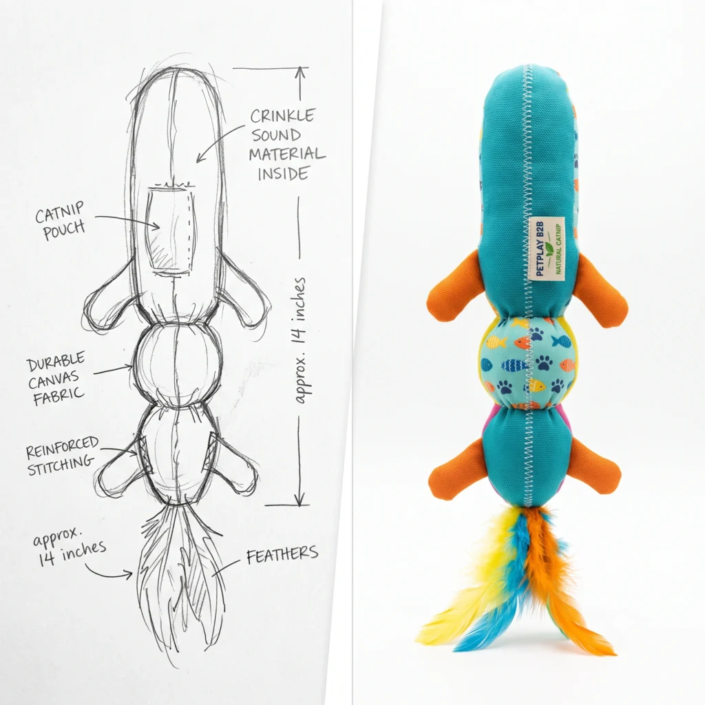 A side-by-side comparison of a client's initial hand-drawn sketch and the finalized OEM plush cat toy prototype manufactured by Wehaopets.