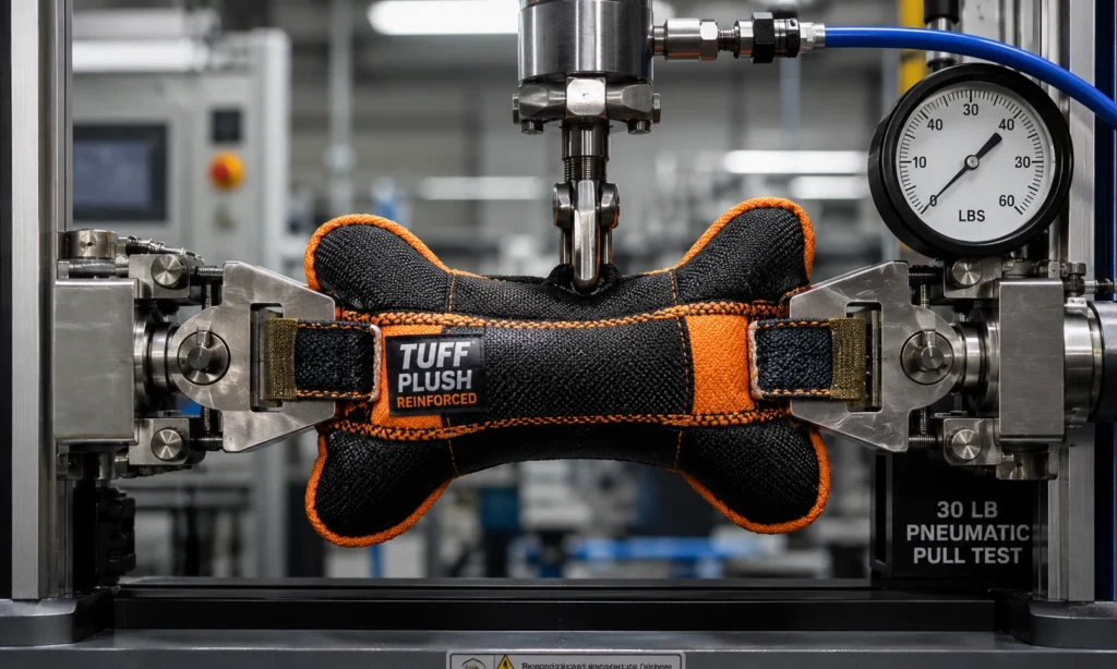 A close-up of a digital load cell gauge displaying over 30 pounds of static force during destructive seam testing in the Wehao Pets laboratory.