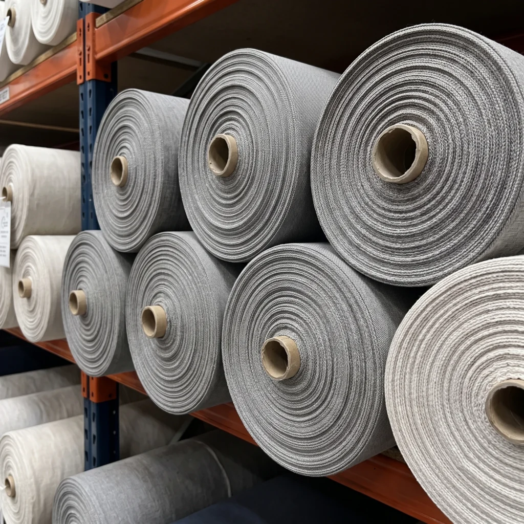 Large industrial rolls of woven RPET fabric stored on racking in a factory warehouse